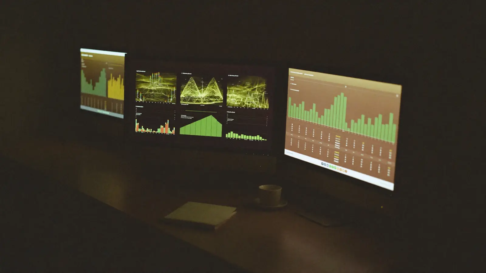 Karanlık bir odada üç monitör; ekranlarda yeşil ve kehribar tonlarında soyut grafik panoları, masada fincan ve defter
