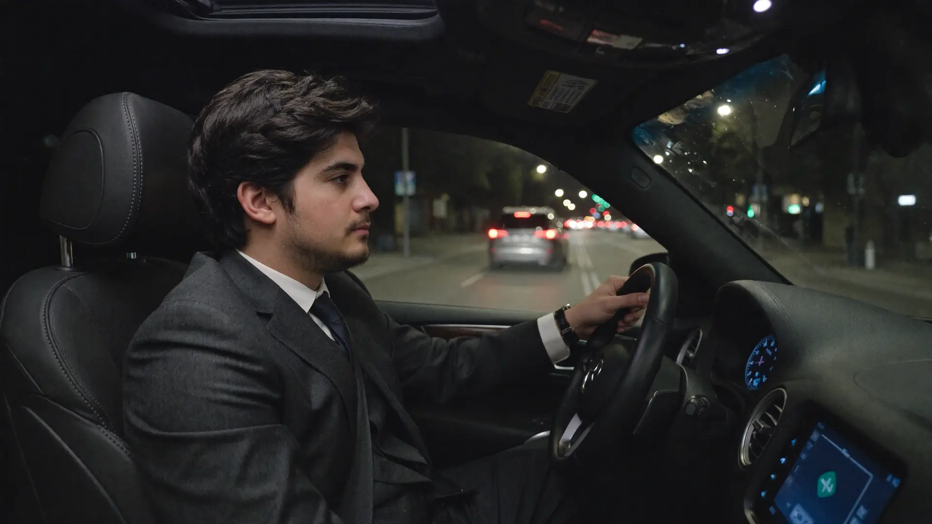 Gece trafiğinde lüks bir SUV'un direksiyonunda eve dönen antrasit takım elbiseli adam.