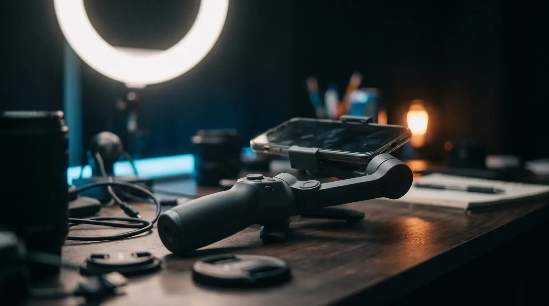Koyu stüdyoda gimbal üstünde telefon, arkada halka ışık parıltısı.
